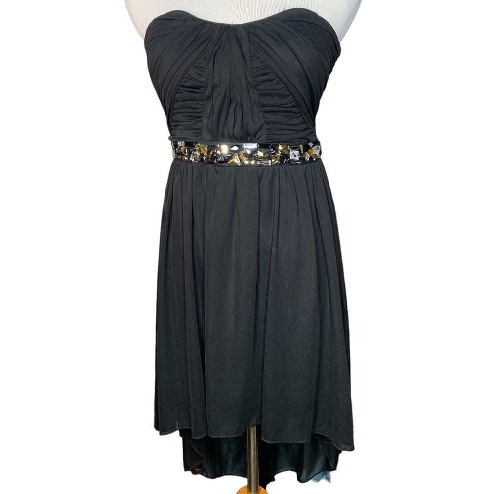 Sequin Hearts size 7 Sheer strapless ruched black cocktail dress EUC women